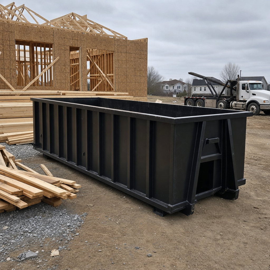 Matte-black 40-yard roll-off dumpster staged on a framed-out residential construction site in Mansfield, framing lumber stacked nearby, hooklift delivery truck visible in the background under bright Colorado daylight
