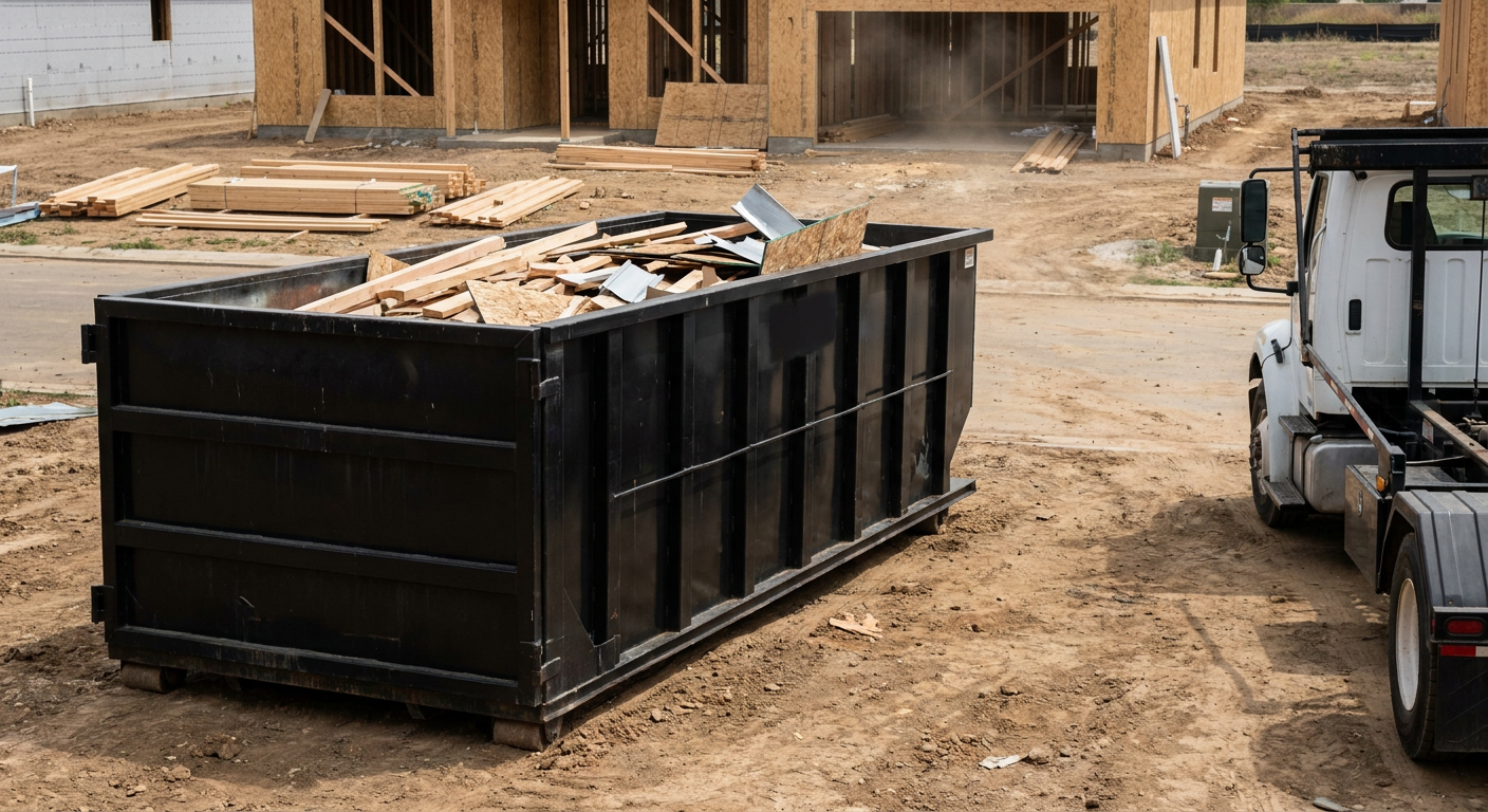 Matte-black 20-yard roll-off construction dumpster with heavy ribbed steel sidewalls and swing rear doors at a working jobsite in Mansfield, sitting directly on compacted dirt with an unmarked white hauler partially visible at the far edge of the frame.