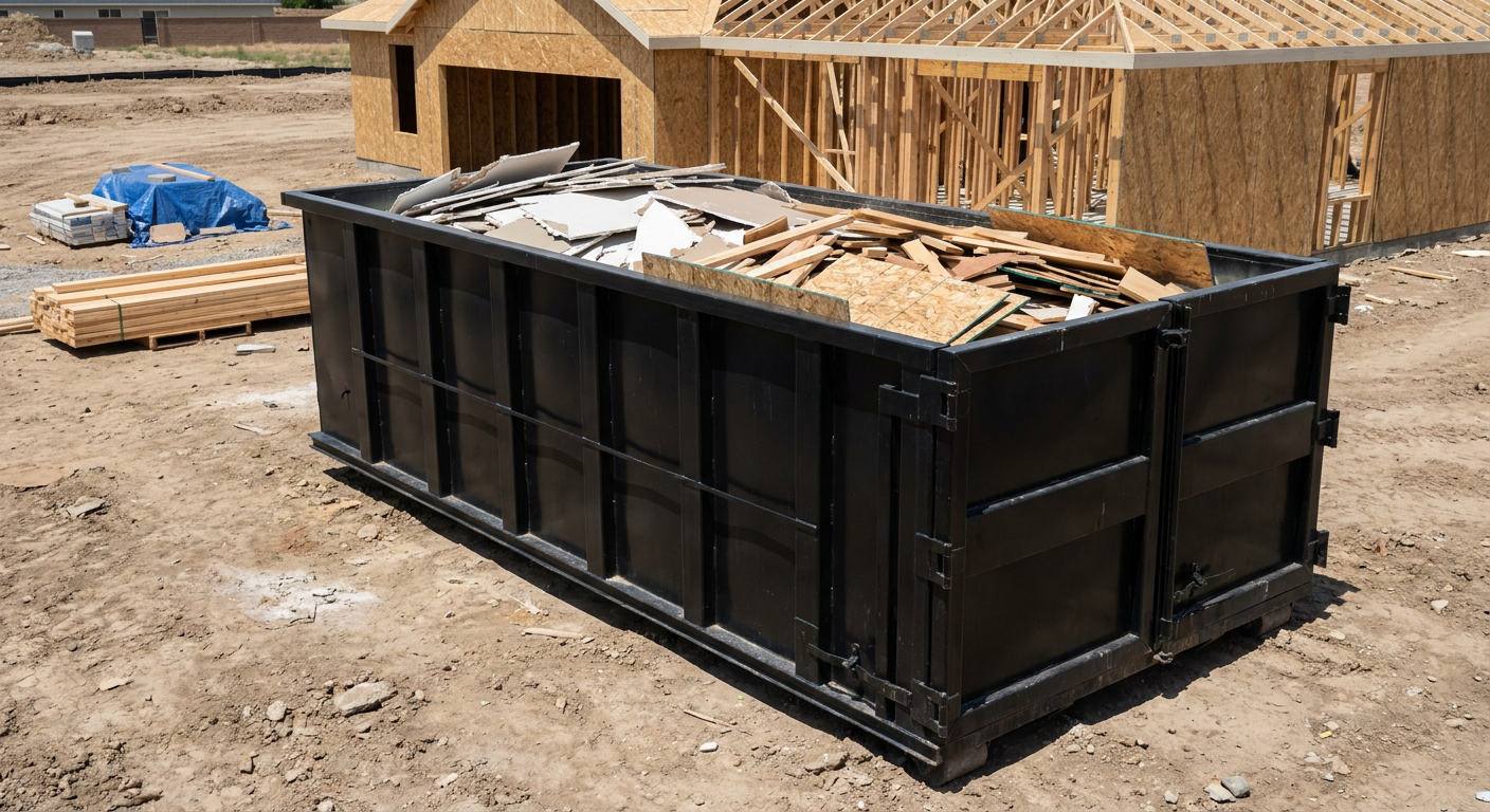 Matte-black 30-yard roll-off construction dumpster sitting directly on the compacted-dirt site of a framed single-family home build in Mansfield, drywall and lumber scrap loaded inside.