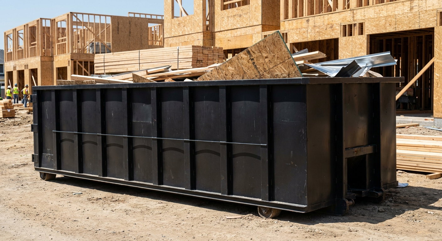 Matte-black 40-yard roll-off construction dumpster being lowered from a white-cab hooklift delivery truck onto the compacted-dirt jobsite at a commercial build site in Mansfield