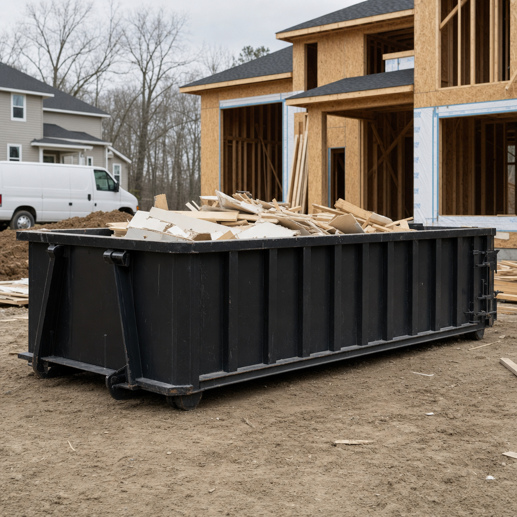 Worker in a yellow high-visibility vest tossing framing lumber and broken drywall into a matte-black 30-yard construction roll-off dumpster on an active build site in Mansfield, bright daylight