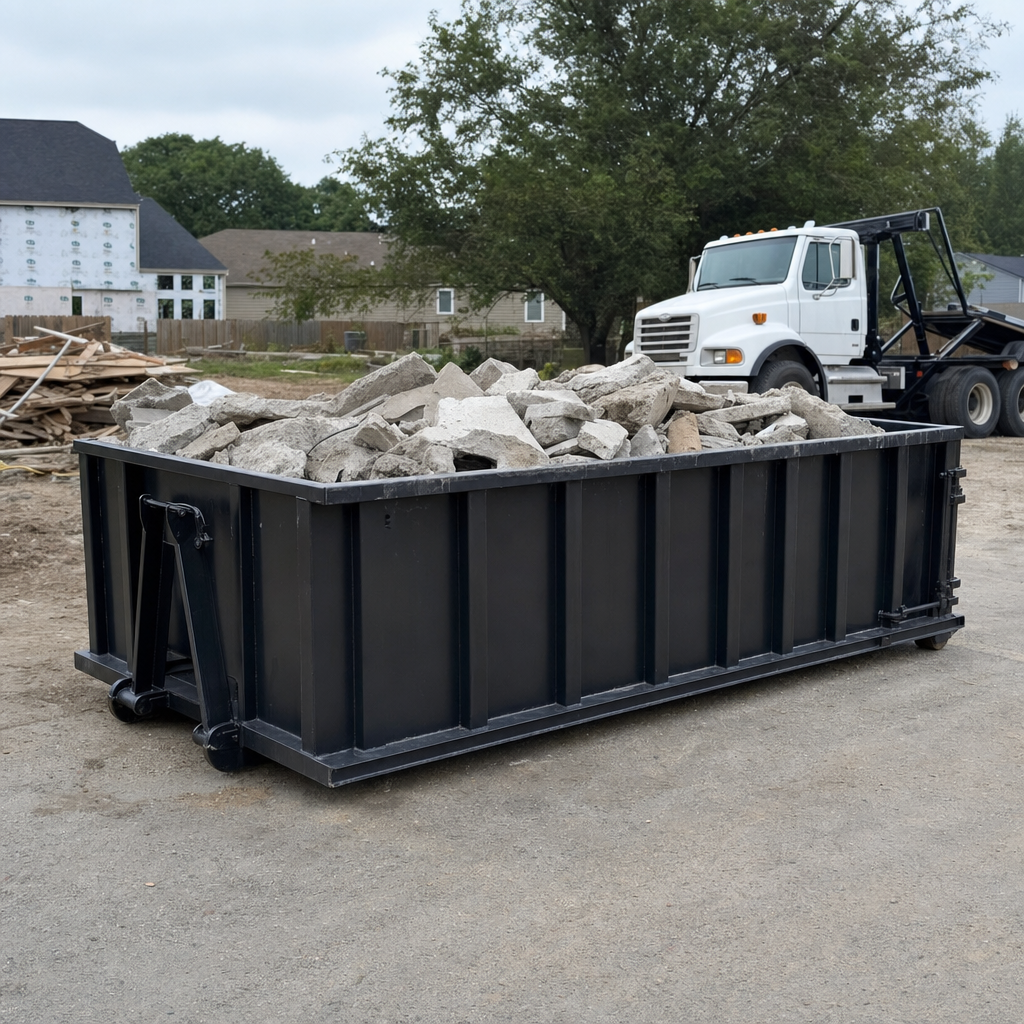 Low-profile matte-black lowboy roll-off dumpster loaded with broken concrete slab and rebar at a foundation tear-out in Mansfield, skid steer parked beside it, sunny Colorado morning