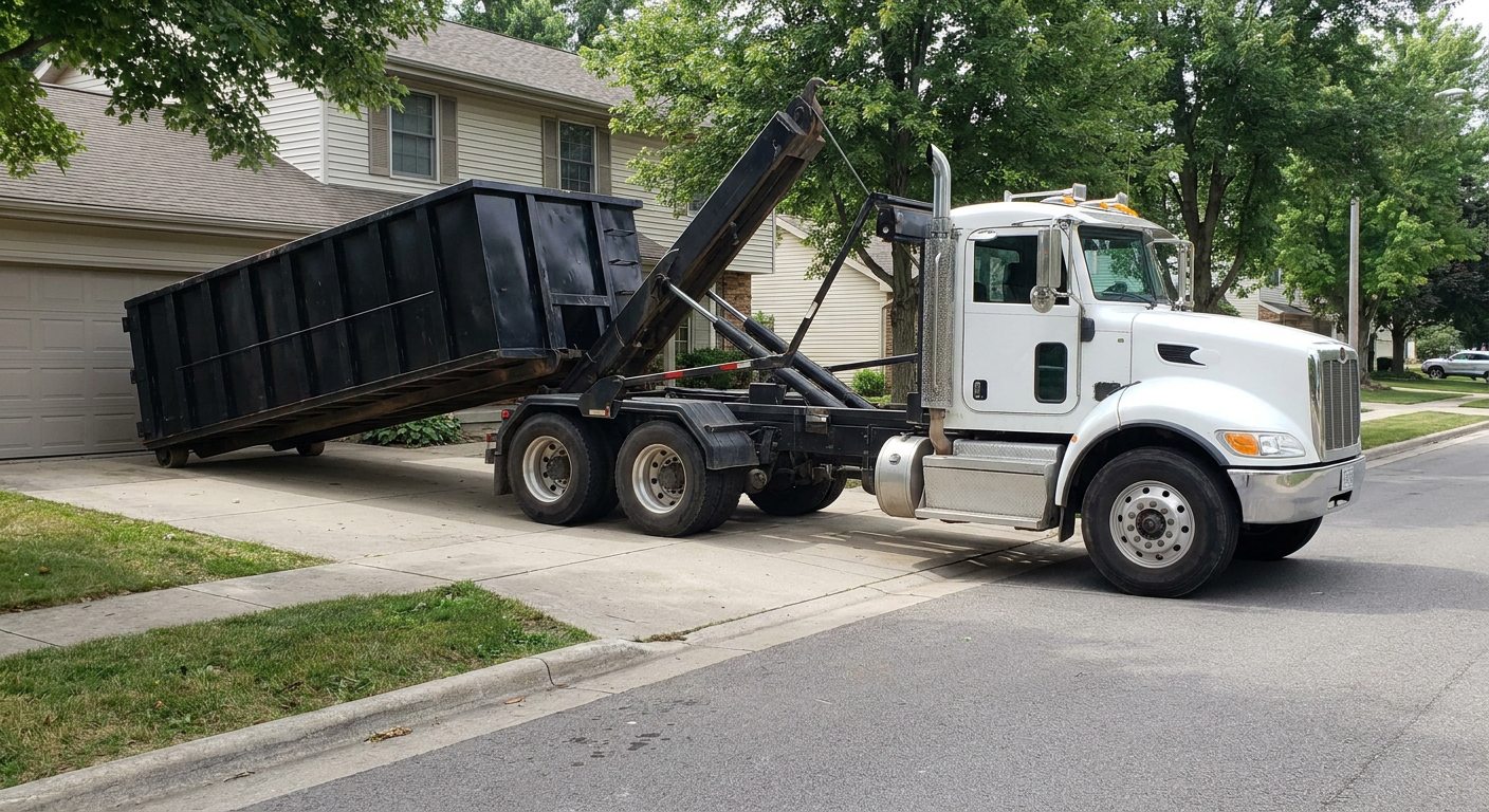 White-cab hooklift roll-off truck actively lowering a matte-black dumpster onto a Mansfield residential concrete driveway, the dumpster's rear wheels touching the driveway as the hoist arm tilts the bed forward, mid-morning daylight.