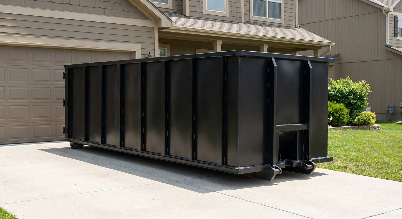 Matte-black residential roll-off dumpster sitting directly on a suburban Mansfield concrete driveway, garage door closed, single-family home in background, bright morning daylight.