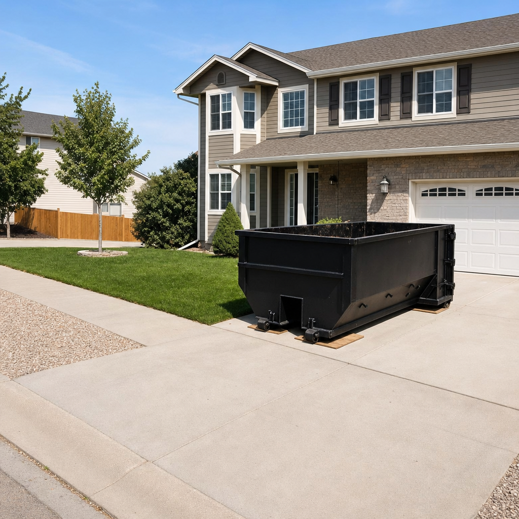 10-yard matte-black residential dumpster placed directly on a narrow Mansfield concrete driveway, room remains for a parked sedan beside it, mid-morning natural light