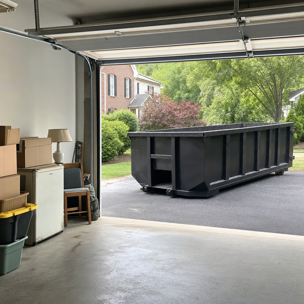 Open garage interior in a Mansfield home mid-cleanout — boxed items, an old appliance, and stacked yard tools queued near the driveway for a matte-black roll-off dumpster, organized and calm