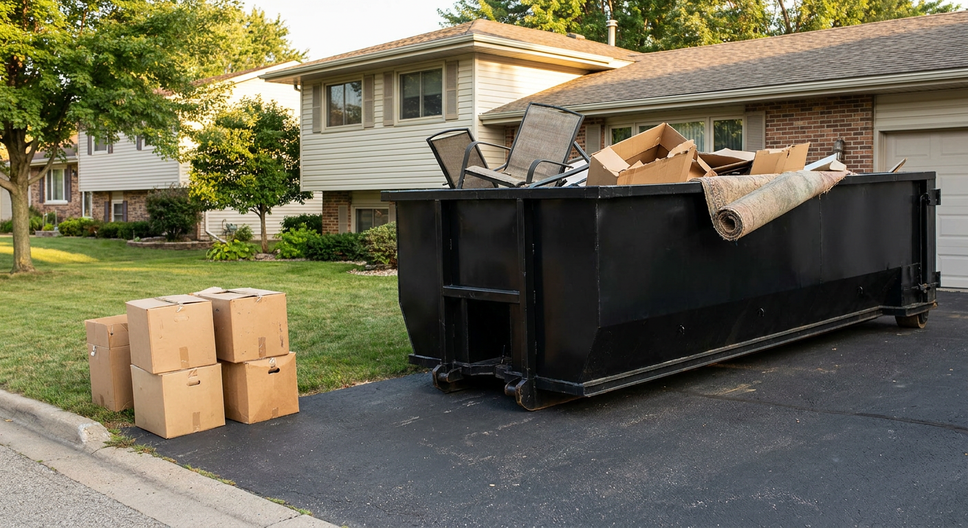 Front-yard view of a Mansfield split-level home with a 20-yard matte-black roll-off dumpster sitting directly on the asphalt driveway, a few clearly labeled donation boxes staged at the curb, calm sunny afternoon.