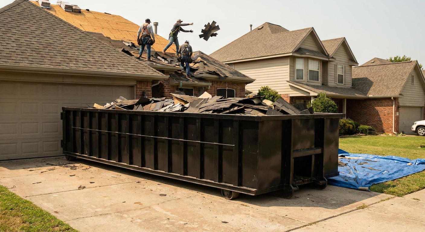 Matte-black roofing roll-off dumpster placed directly on a Mansfield residential concrete driveway, a tear-off crew on a two-story asphalt-shingle roof tossing shingle bundles into the low-walled container, bright daylight, documentary 35mm perspective.