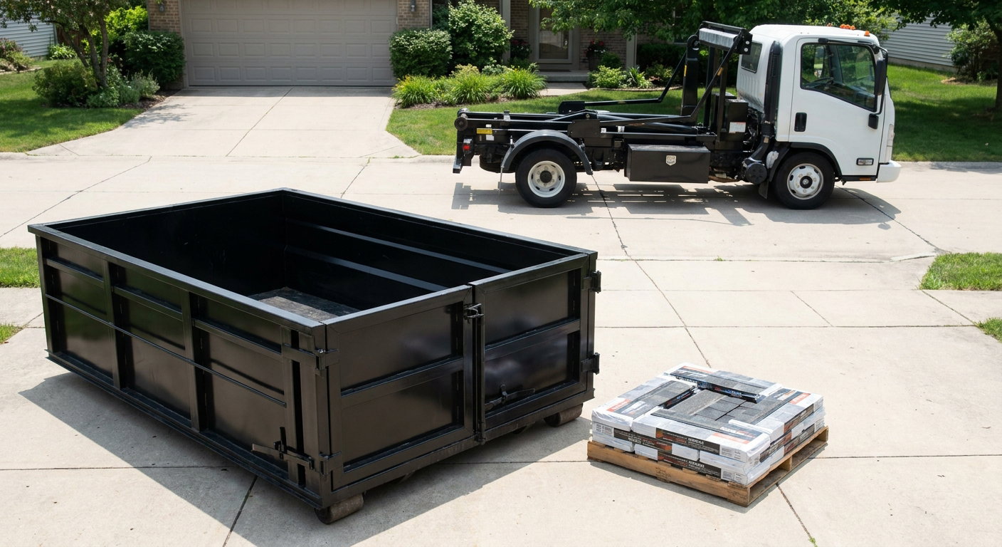 Matte-black 15-yard roofing roll-off dumpster with reinforced low side walls sitting directly on a Mansfield residential concrete driveway, three-tab asphalt shingle bundles stacked nearby, an unmarked white hauler truck partially visible at the edge of the frame.