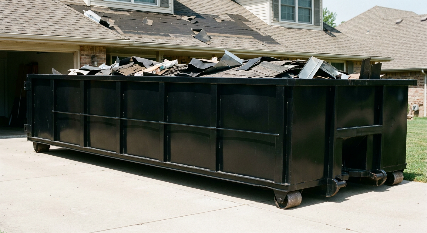 Matte-black 20-yard roofing roll-off dumpster with steel ribbed sides and swinging rear door, sitting directly on the concrete driveway of a two-story Mansfield home, asphalt shingle debris being loaded over the low wall, clean documentary lighting.