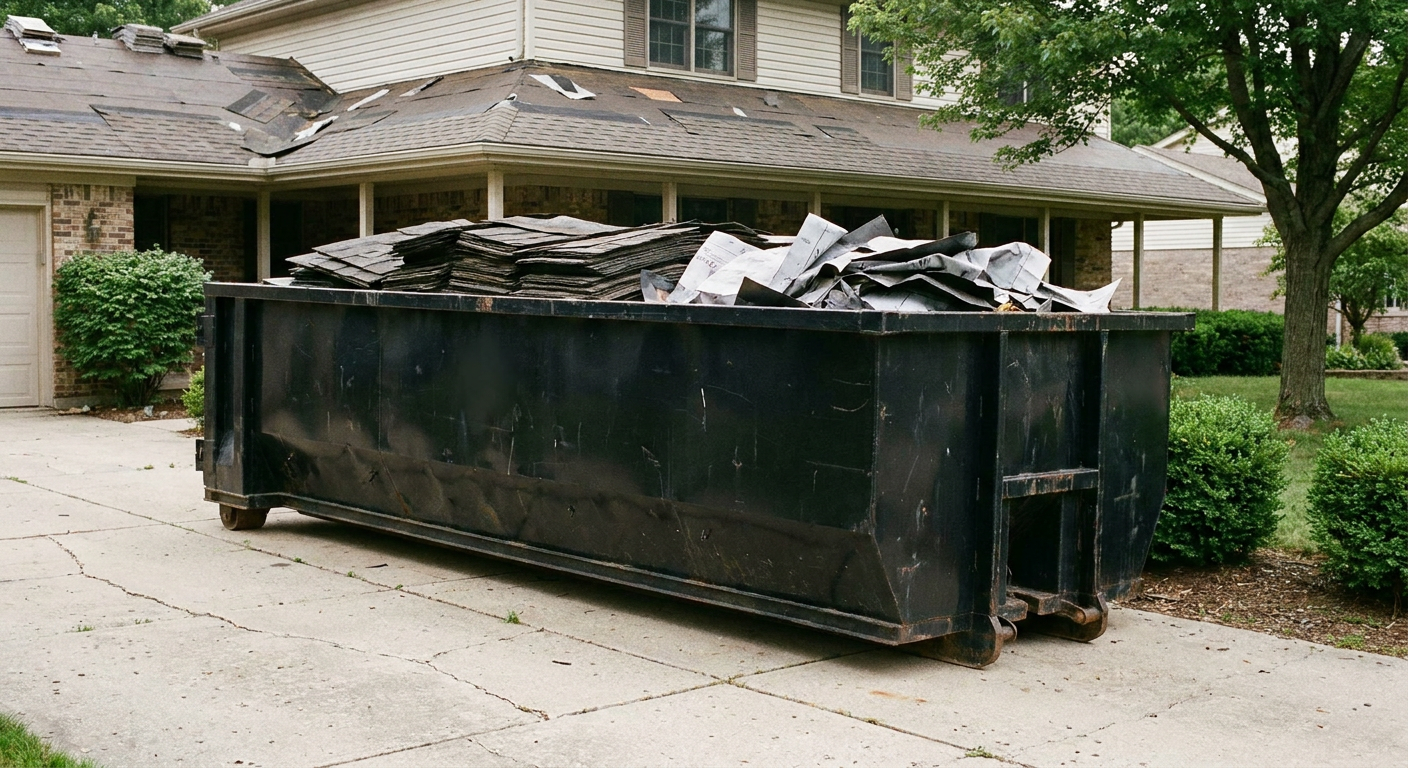 Matte-black 30-yard roofing roll-off dumpster sitting directly on a Mansfield concrete driveway, taller ribbed steel side panels, mixed tear-off debris of asphalt shingles and underlayment inside, professional documentary daylight.