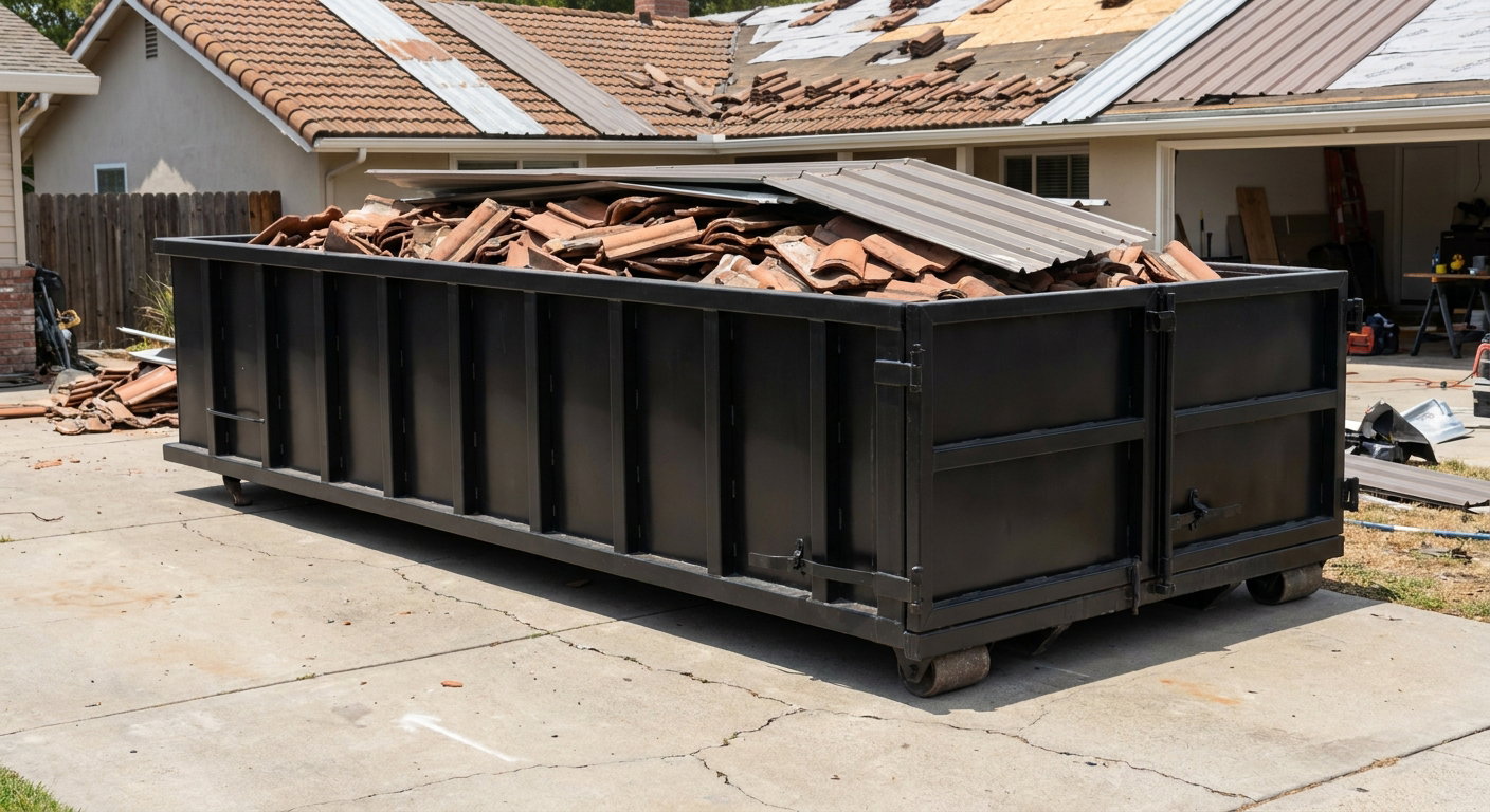 Matte-black low-wall heavy-debris roofing roll-off dumpster sitting directly on a Mansfield concrete driveway, broken concrete clay roof tiles and metal panel sections loaded inside, reinforced ribbed steel side walls visible, bright outdoor daylight.