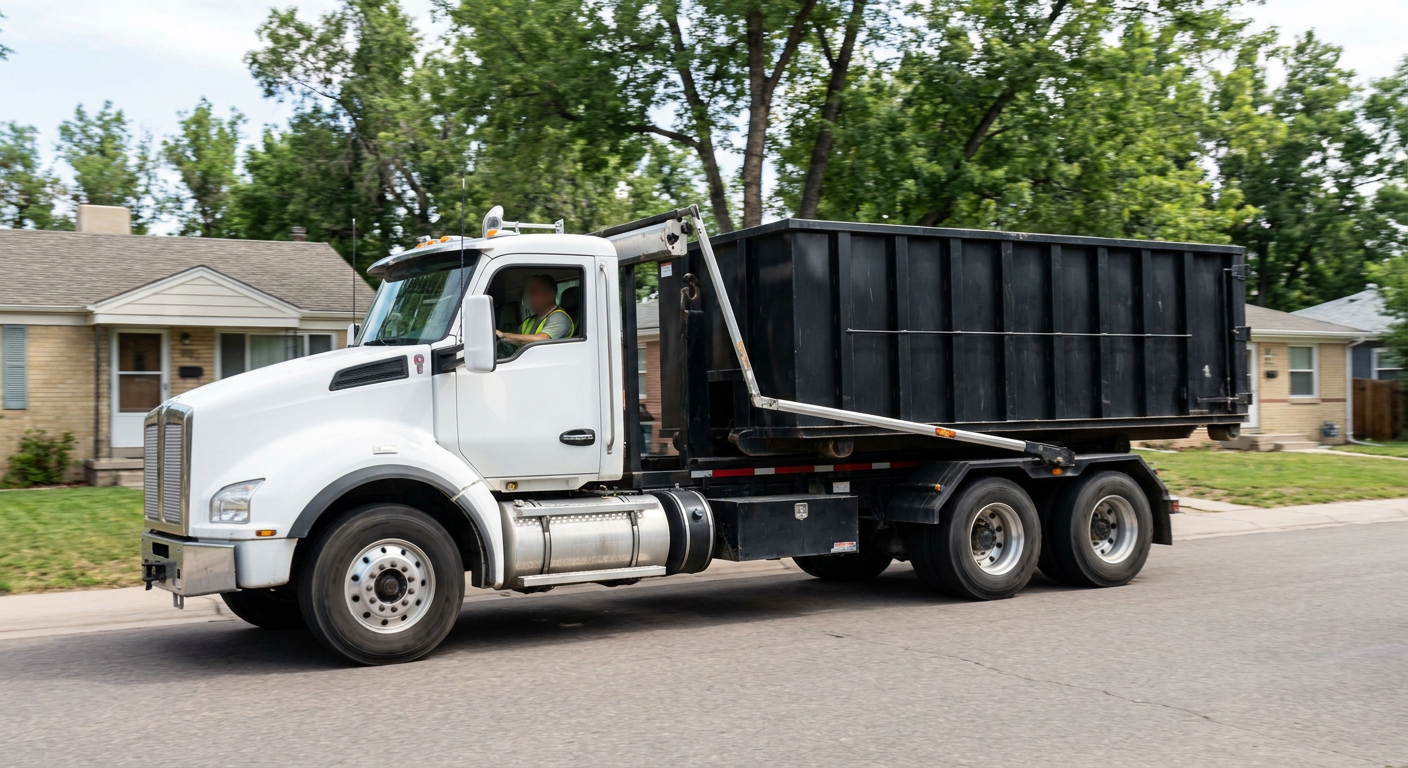 A wide documentary shot of a matte-black roll-off delivery truck pulling onto a quiet Mansfield residential street at mid-morning, with neighborhood rooftops and tree-lined blocks visible behind, showing the metro coverage footprint.