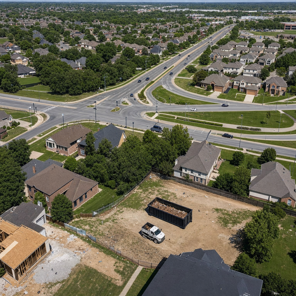 An overhead documentary view of the Mansfield metro area at midday, showing the spread of neighborhoods, arterial roads, and the dispatch radius from a central yard — clean daylight, organized geographic layout.