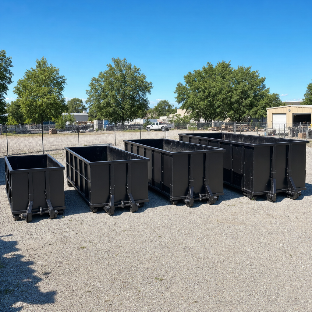 A clean lineup of matte-black roll-off dumpsters in 10, 20, 30, and 40-yard sizes staged on a sunlit gravel yard in Mansfield, showing the size progression from compact to commercial-scale containers.