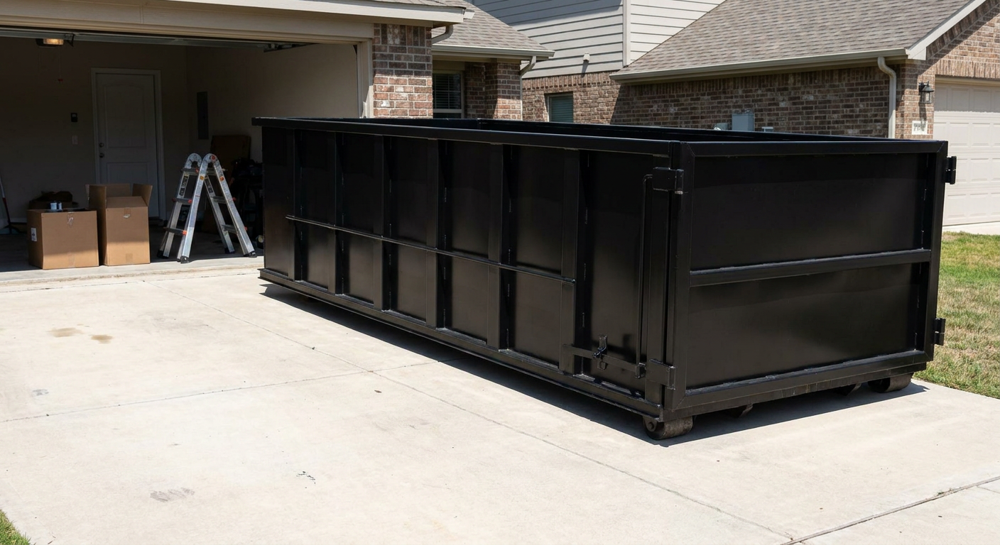 A matte-black 10-yard roll-off dumpster sitting directly on a residential Mansfield concrete driveway, mid-day sunlight, clean and ready for a garage cleanout.