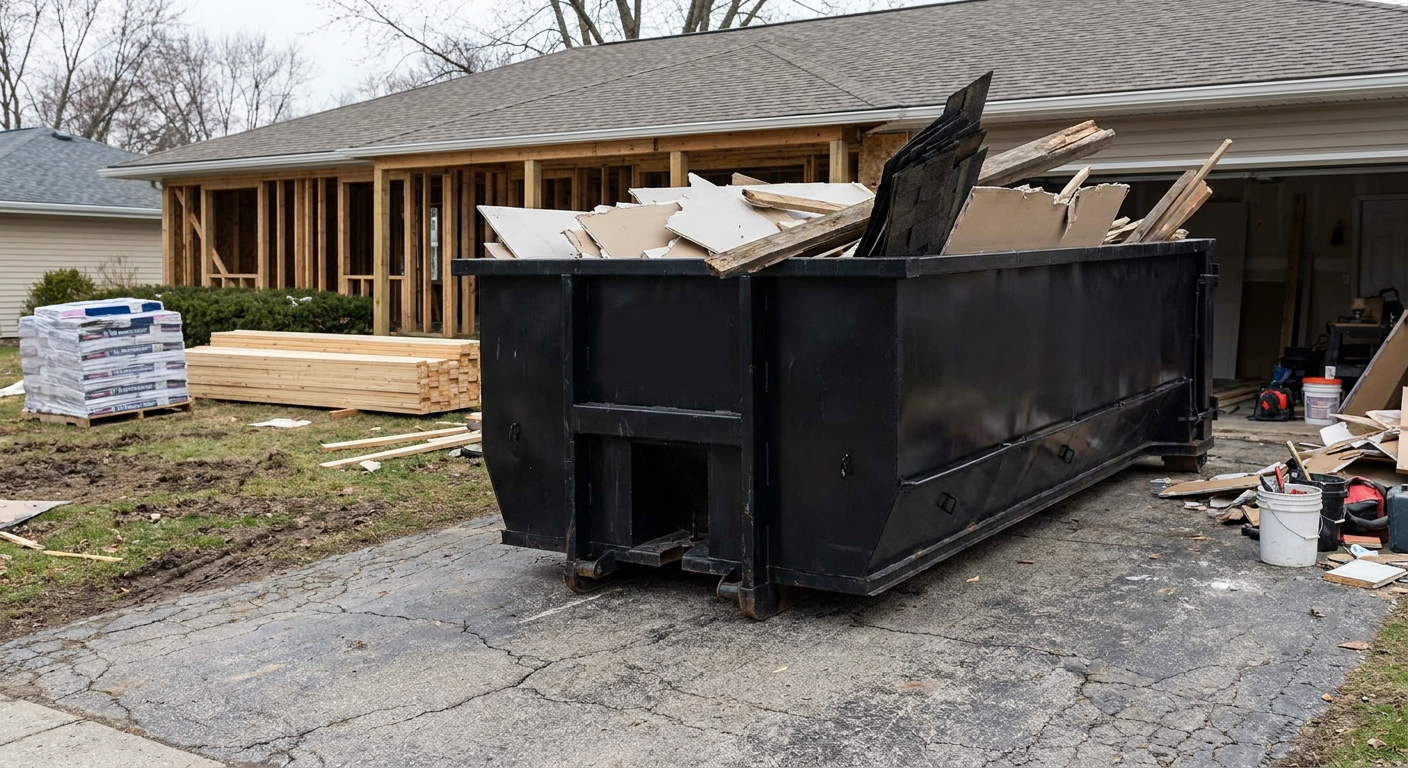 A matte-black 20-yard roll-off dumpster placed alongside a mid-renovation Mansfield home directly on the asphalt driveway, with framing materials and torn-off shingles staged neatly nearby.