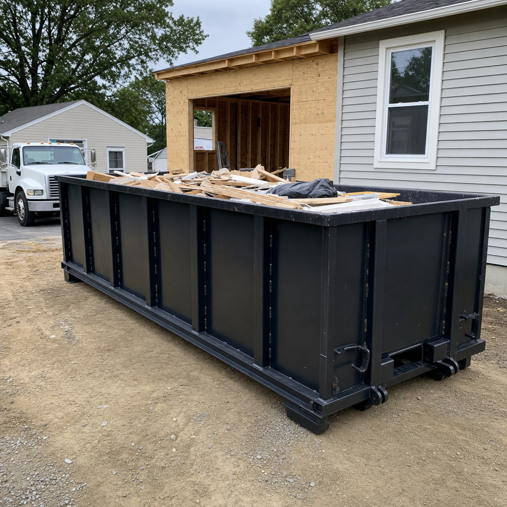 A matte-black 30-yard roll-off dumpster positioned at a Mansfield residential addition jobsite, with framing lumber and drywall scraps loaded through the open swinging rear doors.