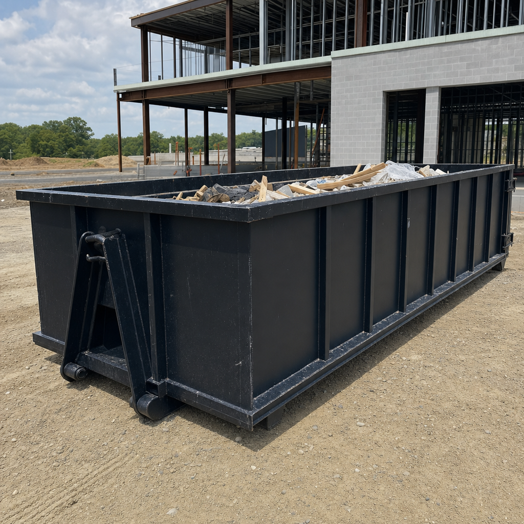 A matte-black 40-yard roll-off dumpster staged on a large Mansfield commercial construction lot, with a hooklift delivery truck parked alongside under bright midday sky.