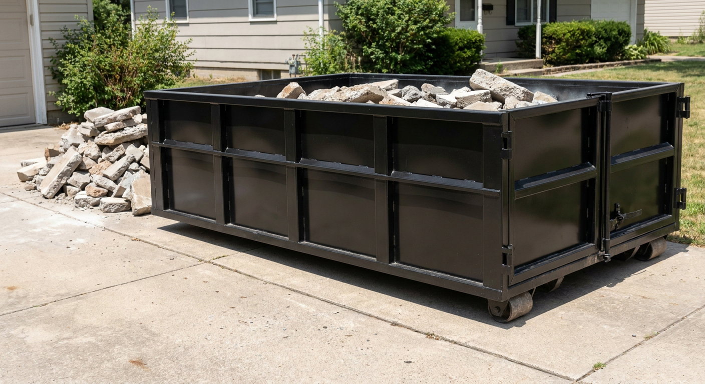 A matte-black low-side heavy-debris roll-off dumpster placed directly on a Mansfield concrete driveway, with broken concrete chunks neatly stacked beside it under clean daylight.